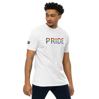 White Pride graphic T-shirt with rainbow flag sleeve accents
