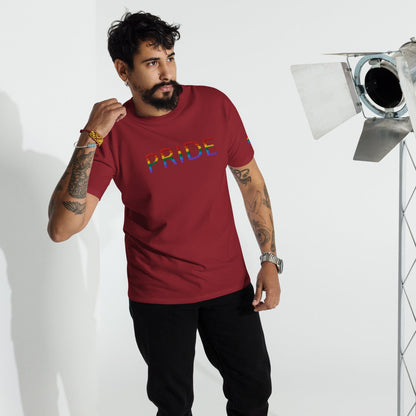 Brick red Pride graphic T-shirt with rainbow flag sleeve accents