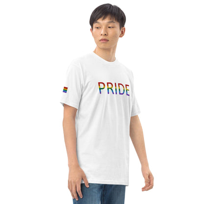 White Pride graphic T-shirt with rainbow flag sleeve accents