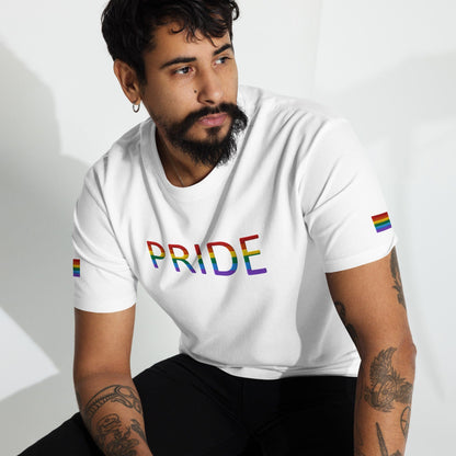 White Pride graphic T-shirt with rainbow flag sleeve accents