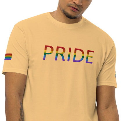 Tan Pride graphic T-shirt with rainbow flag sleeve accents