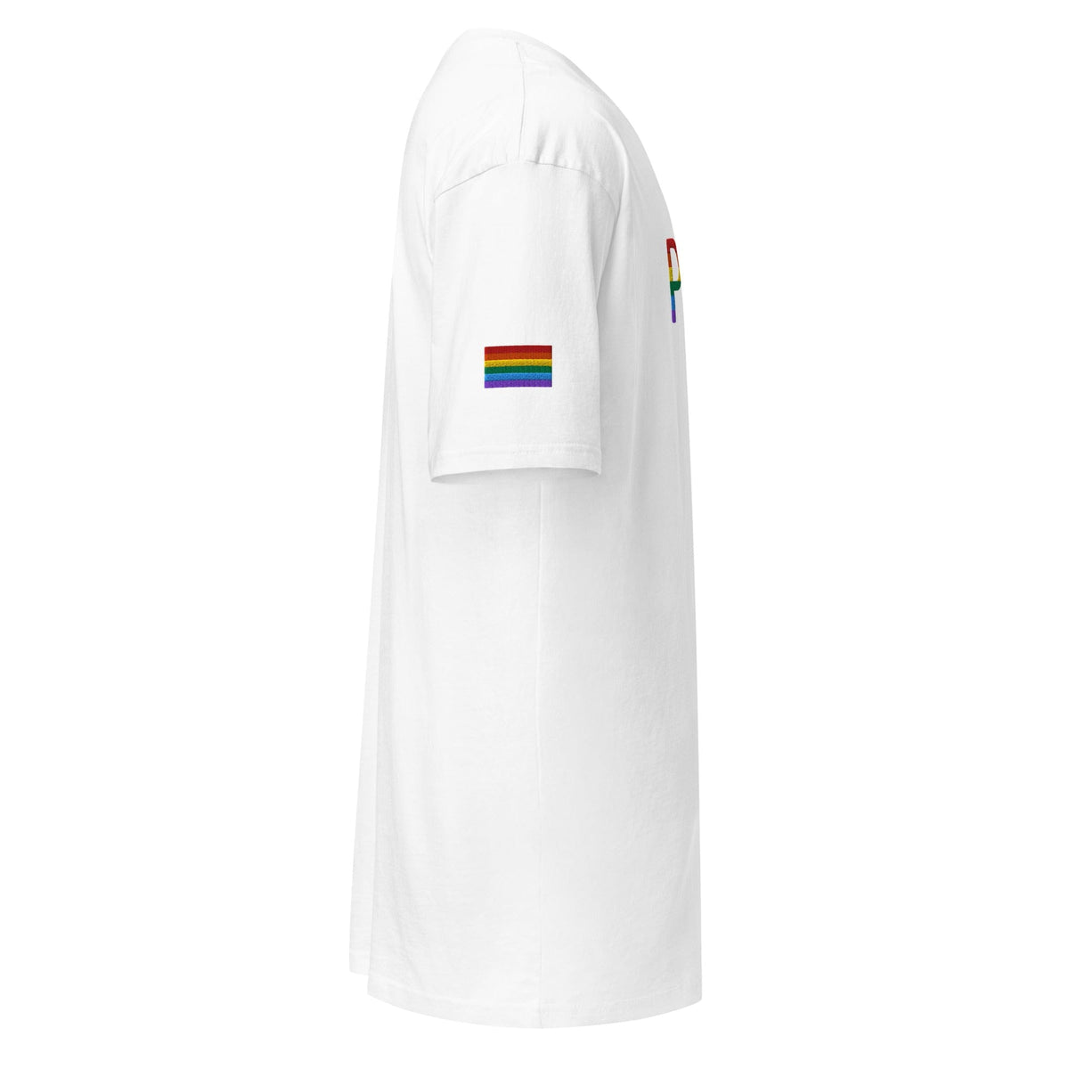 Men's heavyweight T-shirt in white with rainbow stripe accent on the sleeve