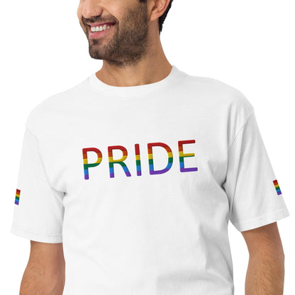 White Pride graphic T-shirt with rainbow flag sleeve accents