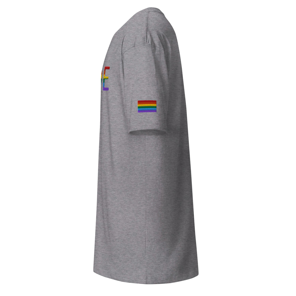 Men's heavyweight T-shirt in gray with rainbow stripe accent on the sleeve