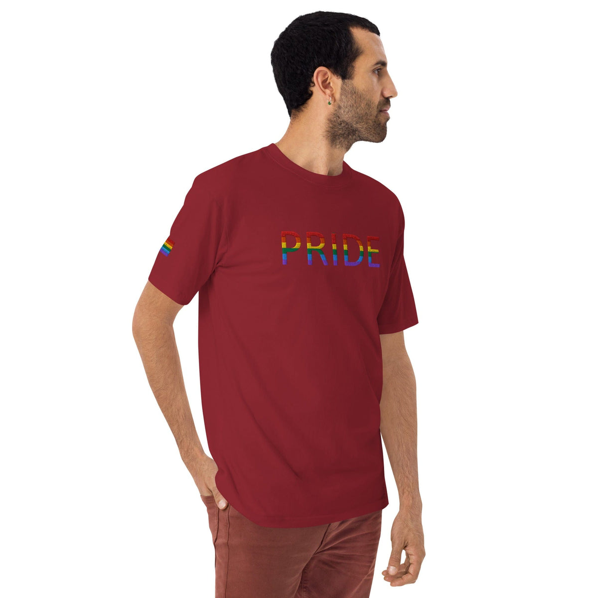 Brick red Pride graphic T-shirt with rainbow flag sleeve accents