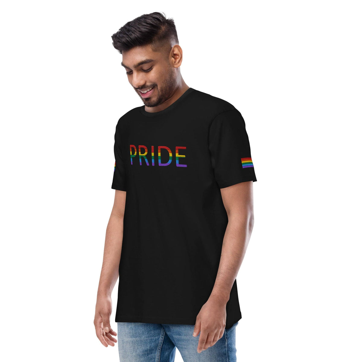 Black Pride graphic T-shirt with rainbow flag sleeve accents