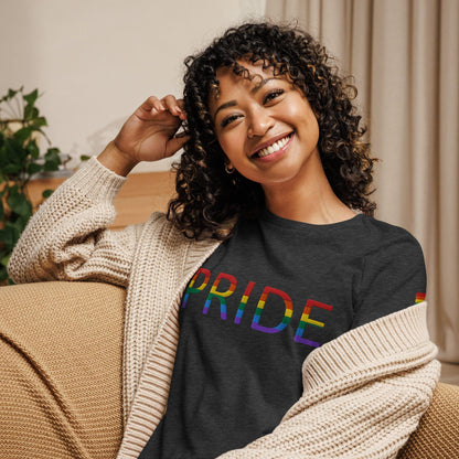 Women’s relaxed t-shirt, dark gray heather with rainbow PRIDE text graphic