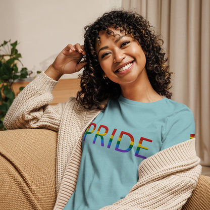 Women’s relaxed t-shirt, heather blue lagoon with rainbow PRIDE text graphic