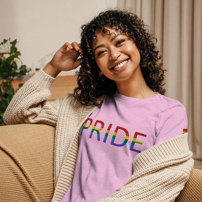 Women’s relaxed t-shirt, lavender with rainbow PRIDE text graphic