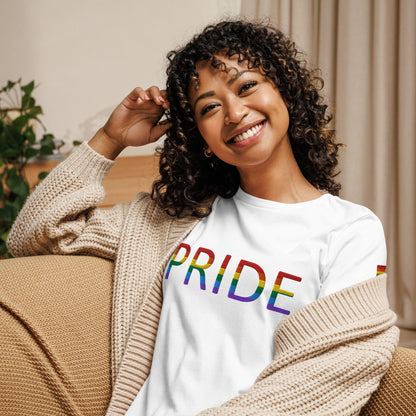 Women’s relaxed t-shirt, white with rainbow PRIDE text graphic