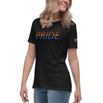 Women's relaxed T-shirt, black with rainbow PRIDE graphic.