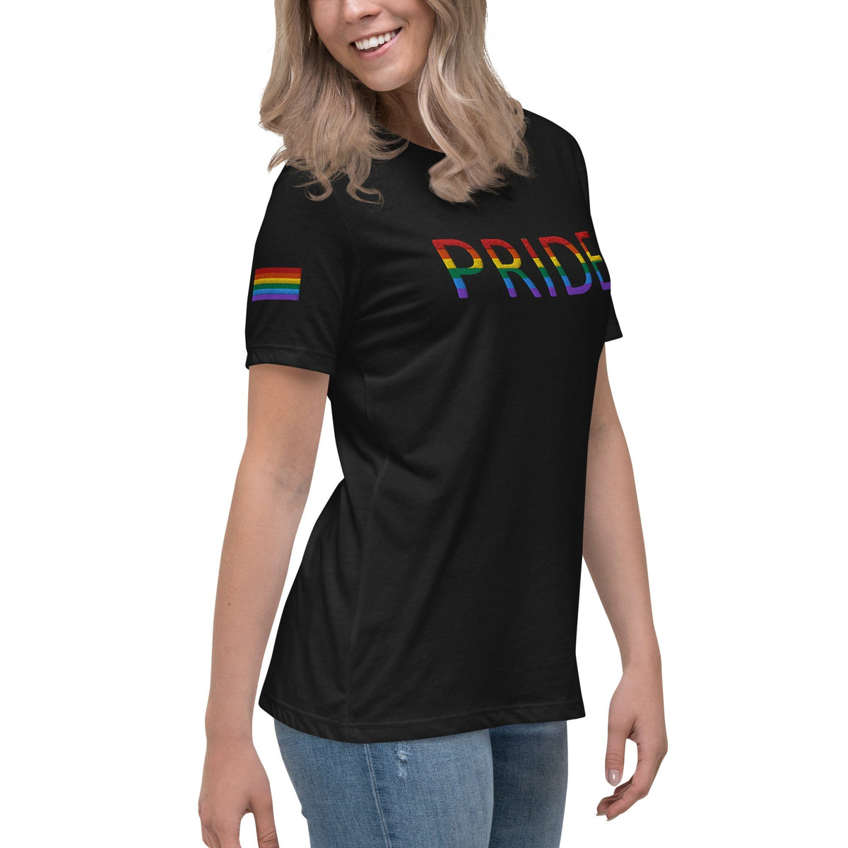 Women's relaxed T-shirt, black with colorful PRIDE lettering on front.