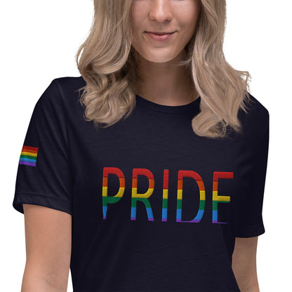 Women's relaxed T-shirt, dark navy with rainbow PRIDE text graphic.