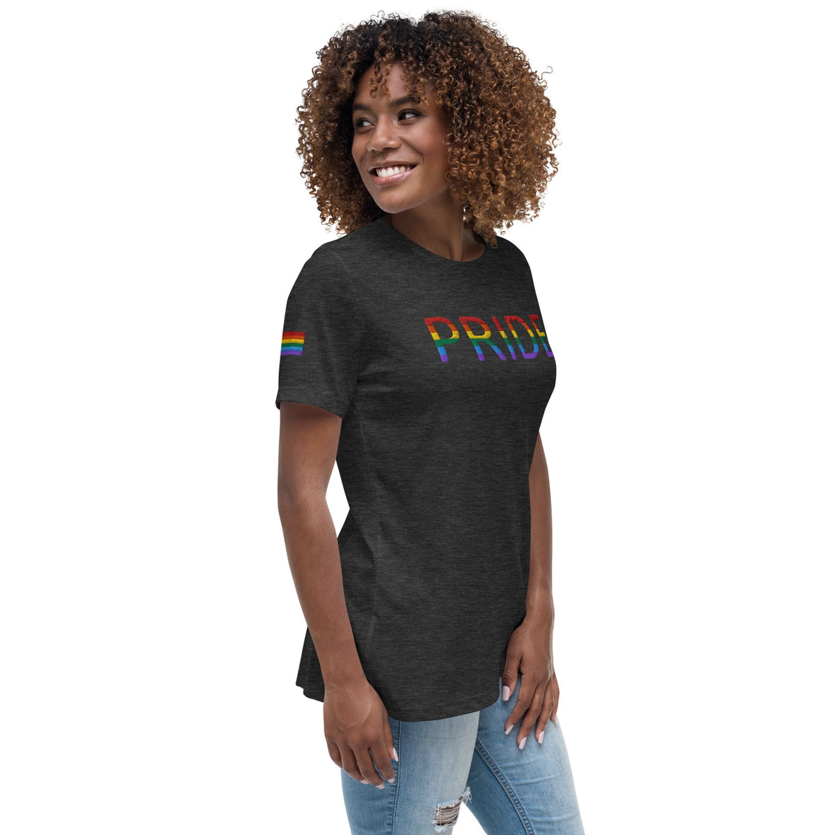 Women's relaxed T-shirt, dark heather grey with PRIDE graphic.