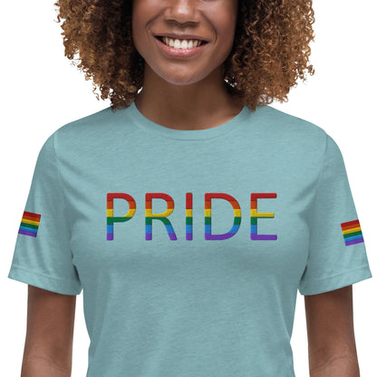 Women's relaxed T-shirt, teal with rainbow PRIDE text graphic.