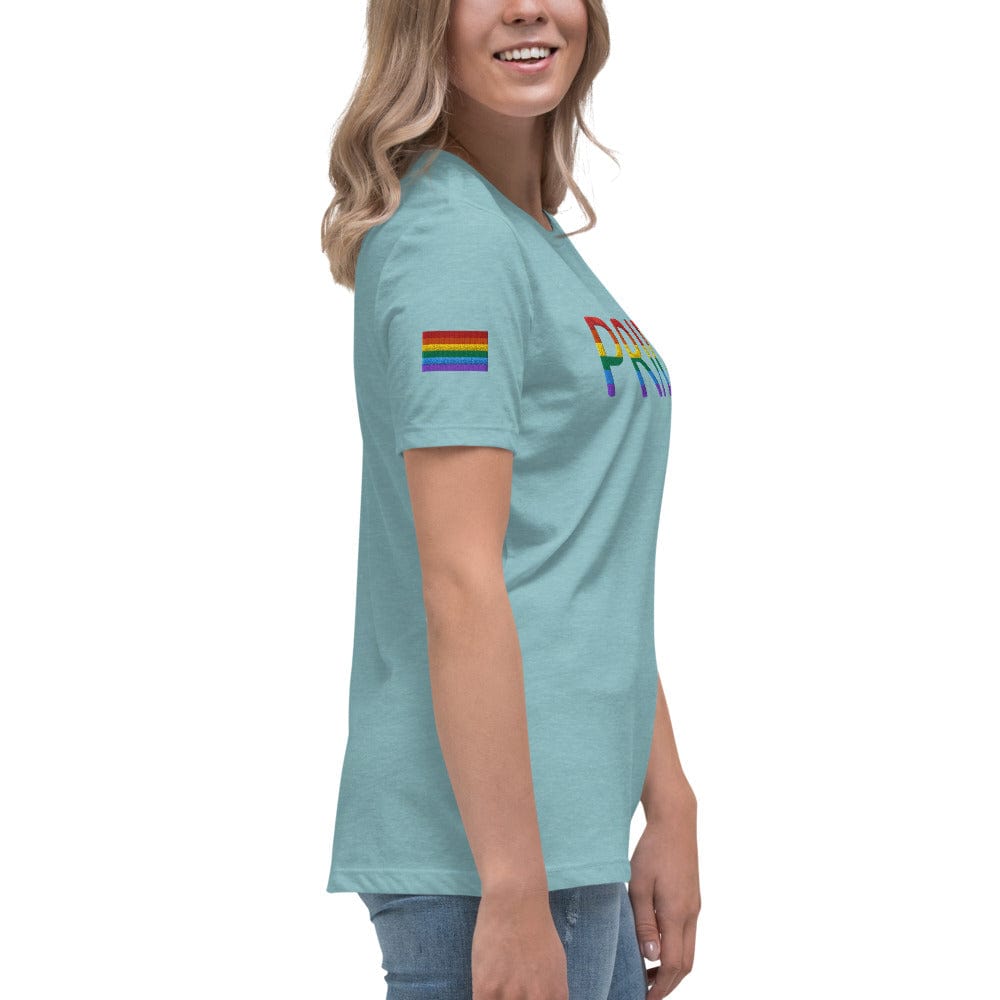 Women's relaxed T-shirt, light teal with rainbow PRIDE graphic on chest.