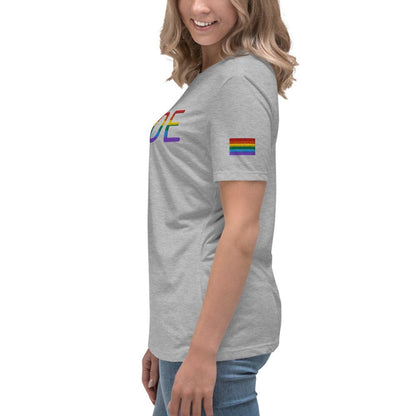Grey relaxed women's t-shirt with partial rainbow Pride graphic on sleeve