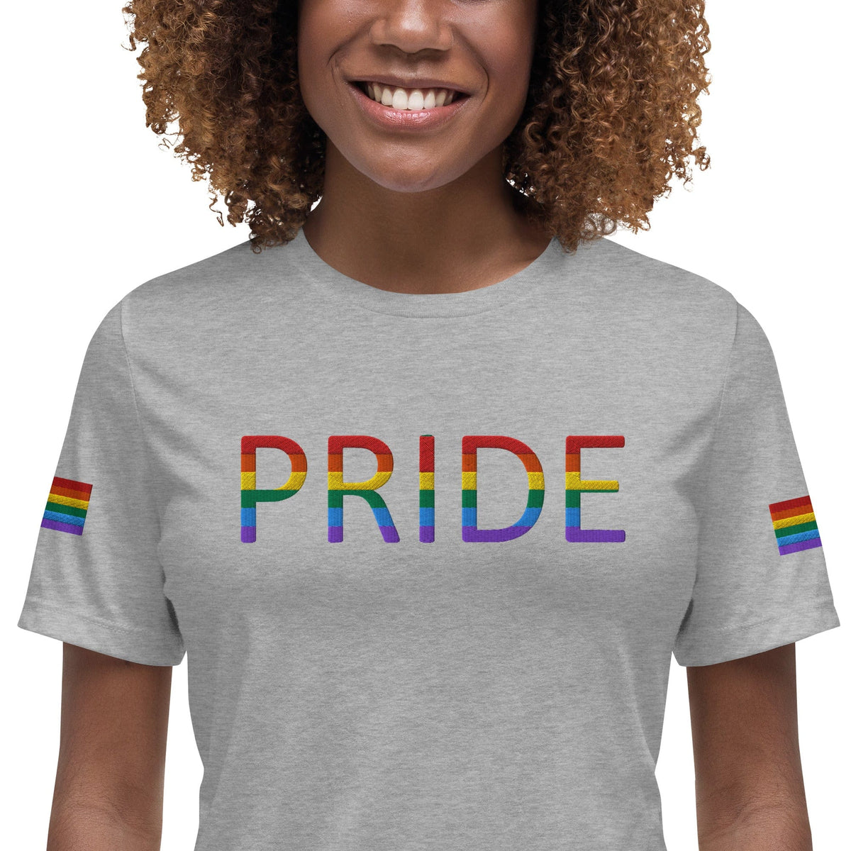 Grey relaxed women's t-shirt with large multicolor Pride text graphic