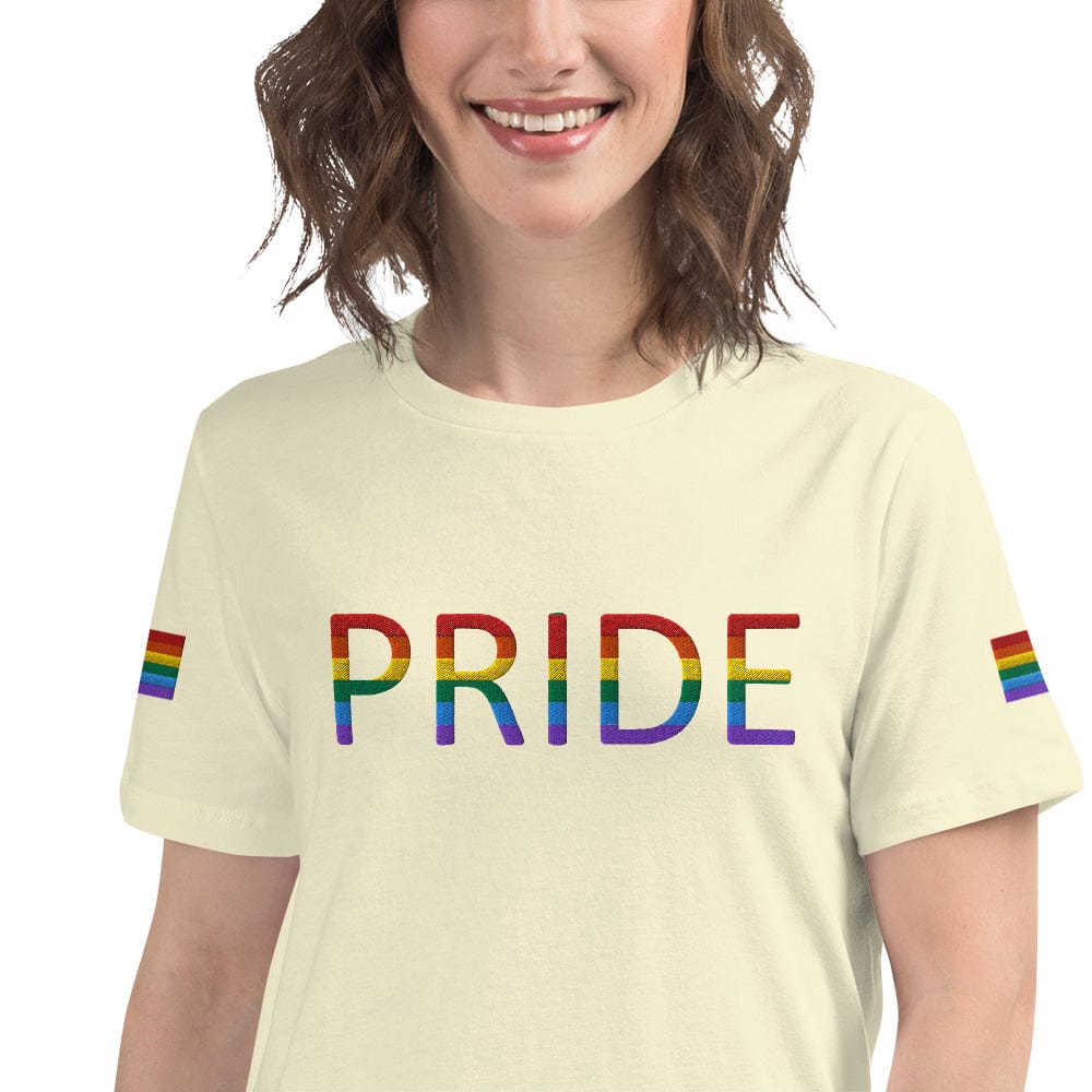 Women's relaxed T-shirt, cream with rainbow PRIDE text graphic.