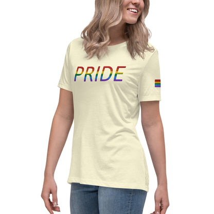 Women's relaxed T-shirt, light yellow with rainbow PRIDE graphic.