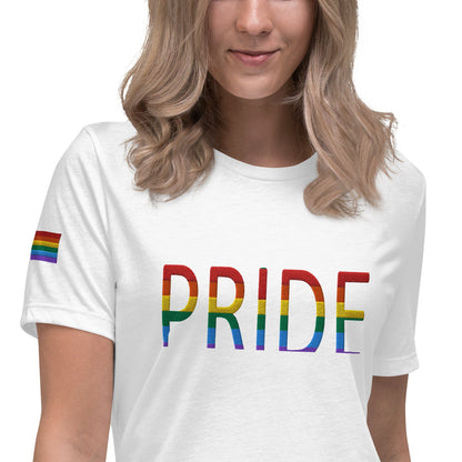 Women's relaxed T-shirt, white with colorful PRIDE text graphic.