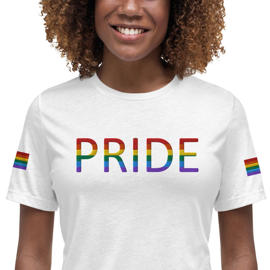Women’s relaxed t-shirt, white with rainbow PRIDE text graphic