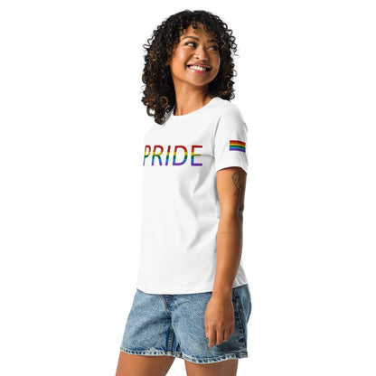 Women's relaxed T-shirt, white with rainbow PRIDE graphic.