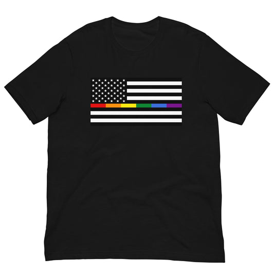 Black T-shirt with American flag design featuring rainbow Pride stripes and stars