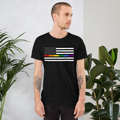 Black T-shirt with American flag graphic featuring rainbow Pride stripes and stars