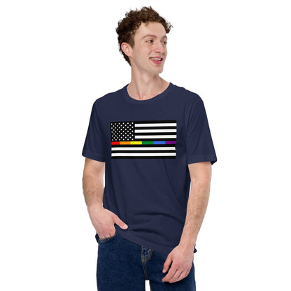Navy T-shirt with American flag design featuring rainbow Pride stripes and stars