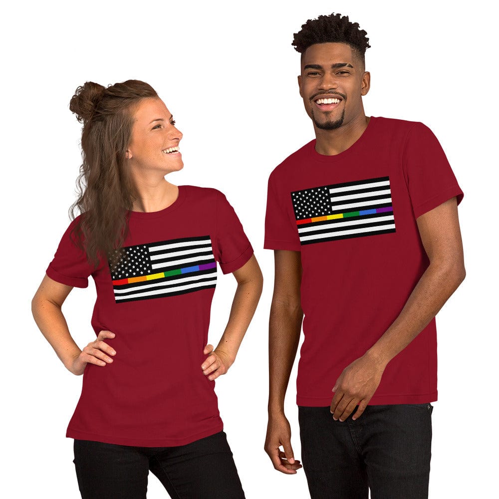 Cardinal red T-shirt with American flag design featuring rainbow Pride stripes and stars
