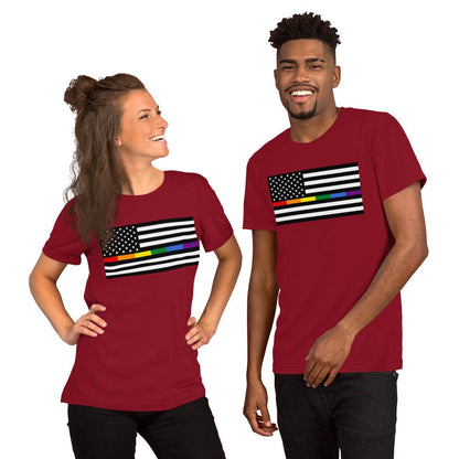 Cardinal red T-shirt with American flag design featuring rainbow Pride stripes and stars