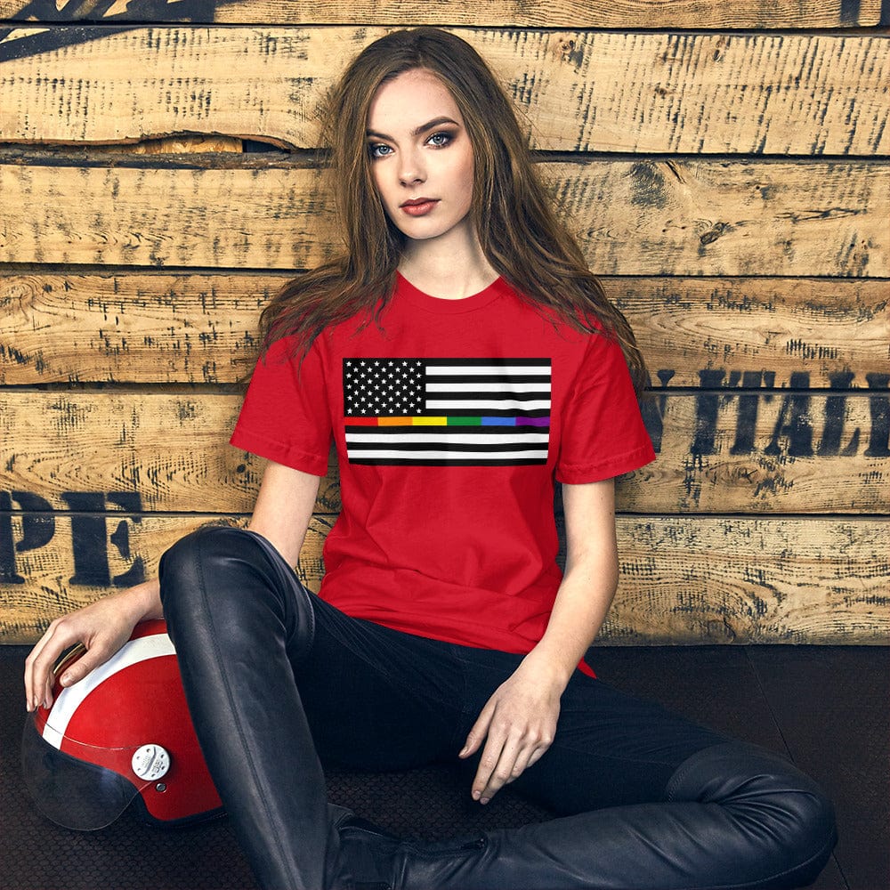 Red T-shirt with American flag graphic featuring rainbow Pride stripes and stars