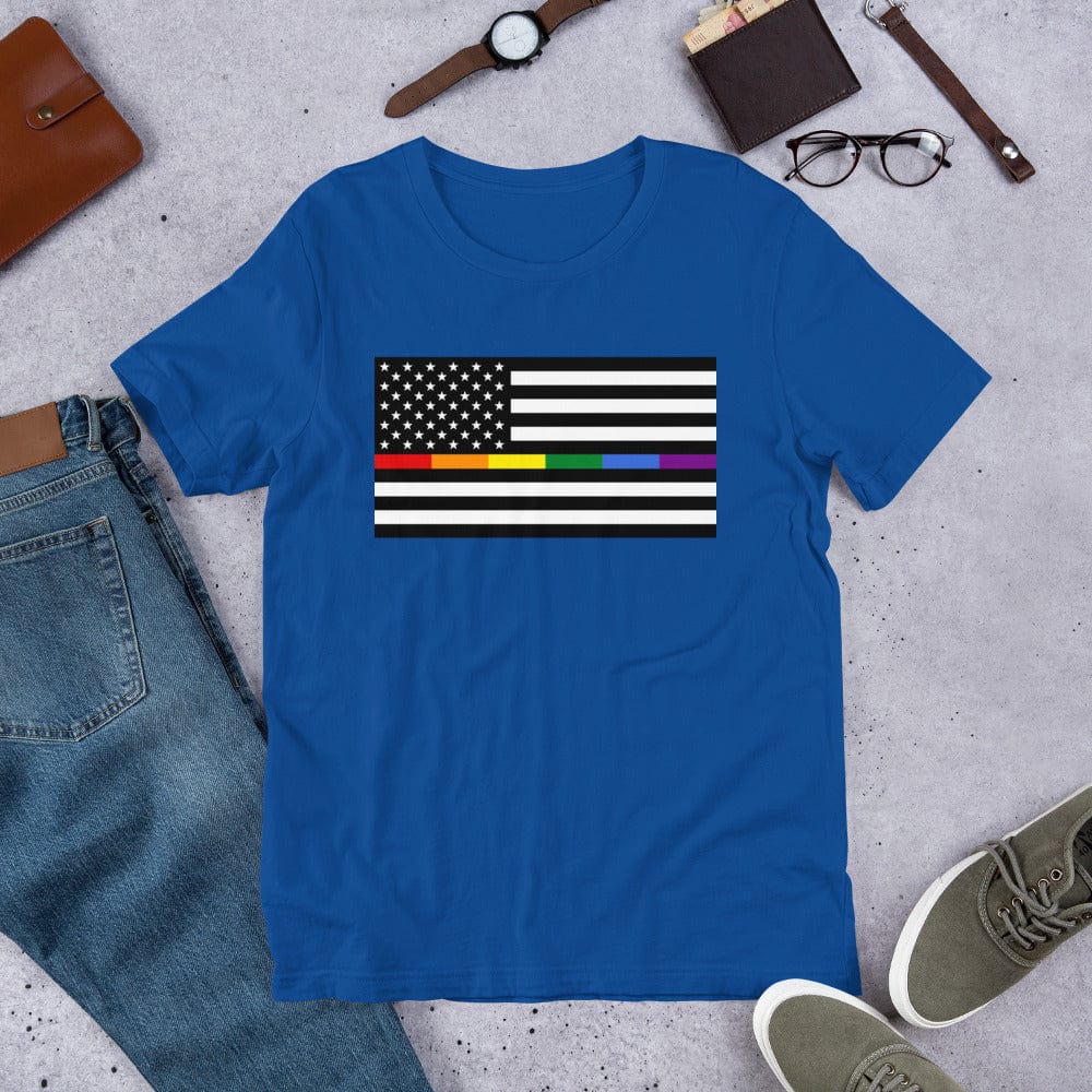 Aqua blue T-shirt with American flag design featuring rainbow Pride stripes and stars