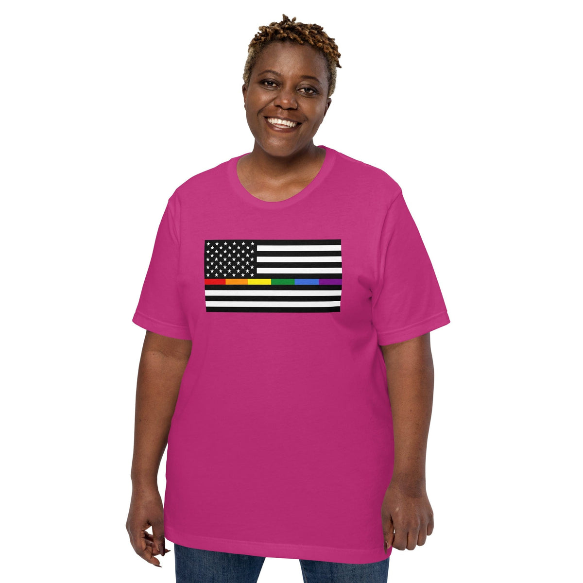 Berry pink T-shirt with American flag design featuring rainbow Pride stripes and stars