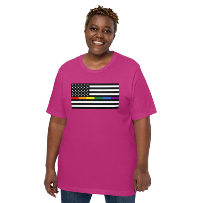 Berry pink T-shirt with American flag design featuring rainbow Pride stripes and stars