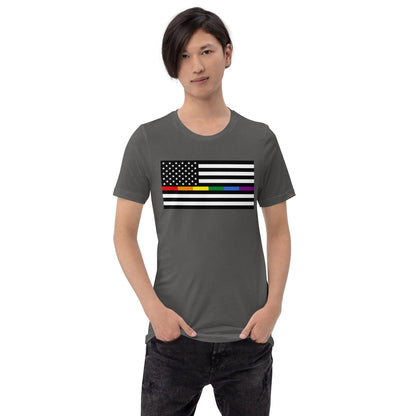 Asphalt gray T-shirt with American flag design featuring rainbow Pride stripes and stars