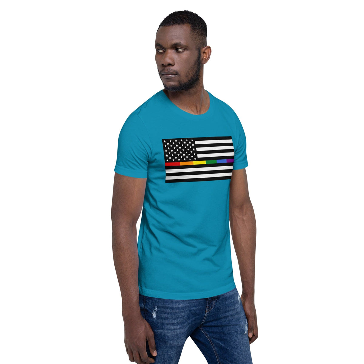 Teal blue T-shirt with American flag design featuring rainbow Pride stripes and stars
