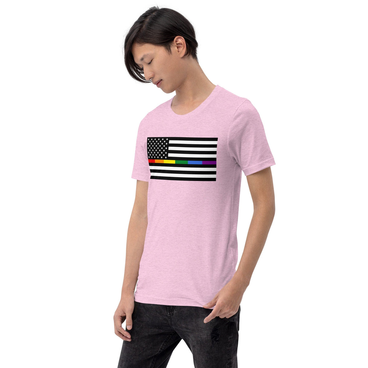 Heather lilac T-shirt with American flag graphic featuring rainbow Pride stripes and stars