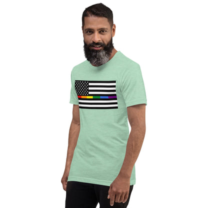 Mint green T-shirt with front rainbow American flag pride graphic.