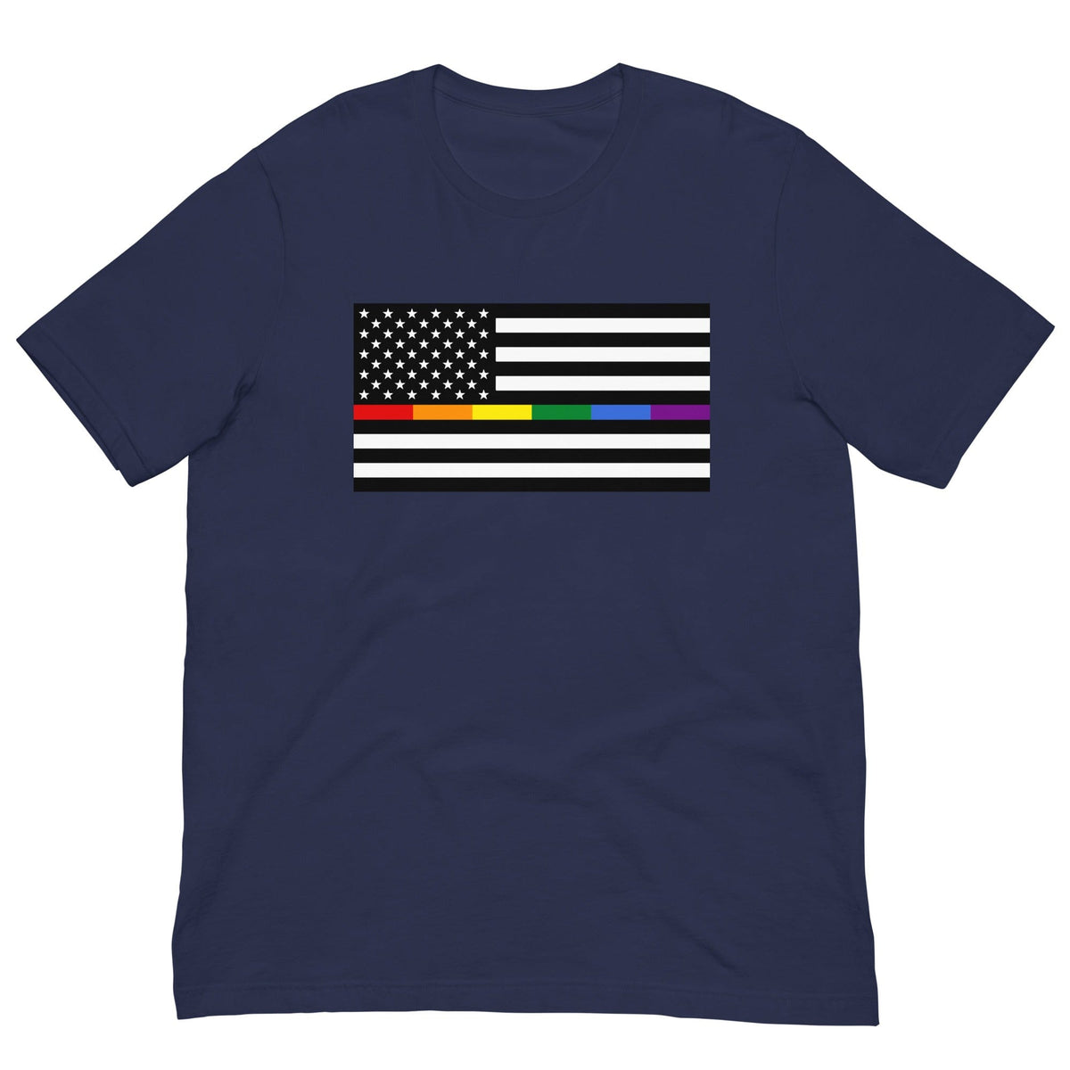 Navy T-shirt with front rainbow American flag pride rectangle graphic.