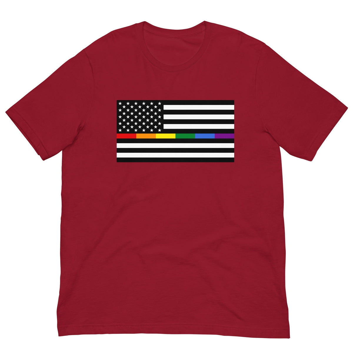 Cardinal red T-shirt with front rainbow American flag pride rectangle graphic.