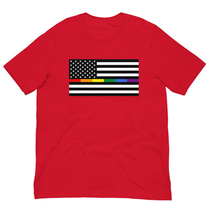 Red T-shirt with front rainbow American flag pride rectangle graphic.