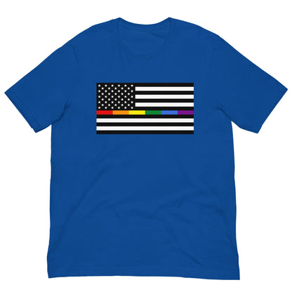 Royal blue T-shirt with front rainbow American flag pride rectangle graphic.