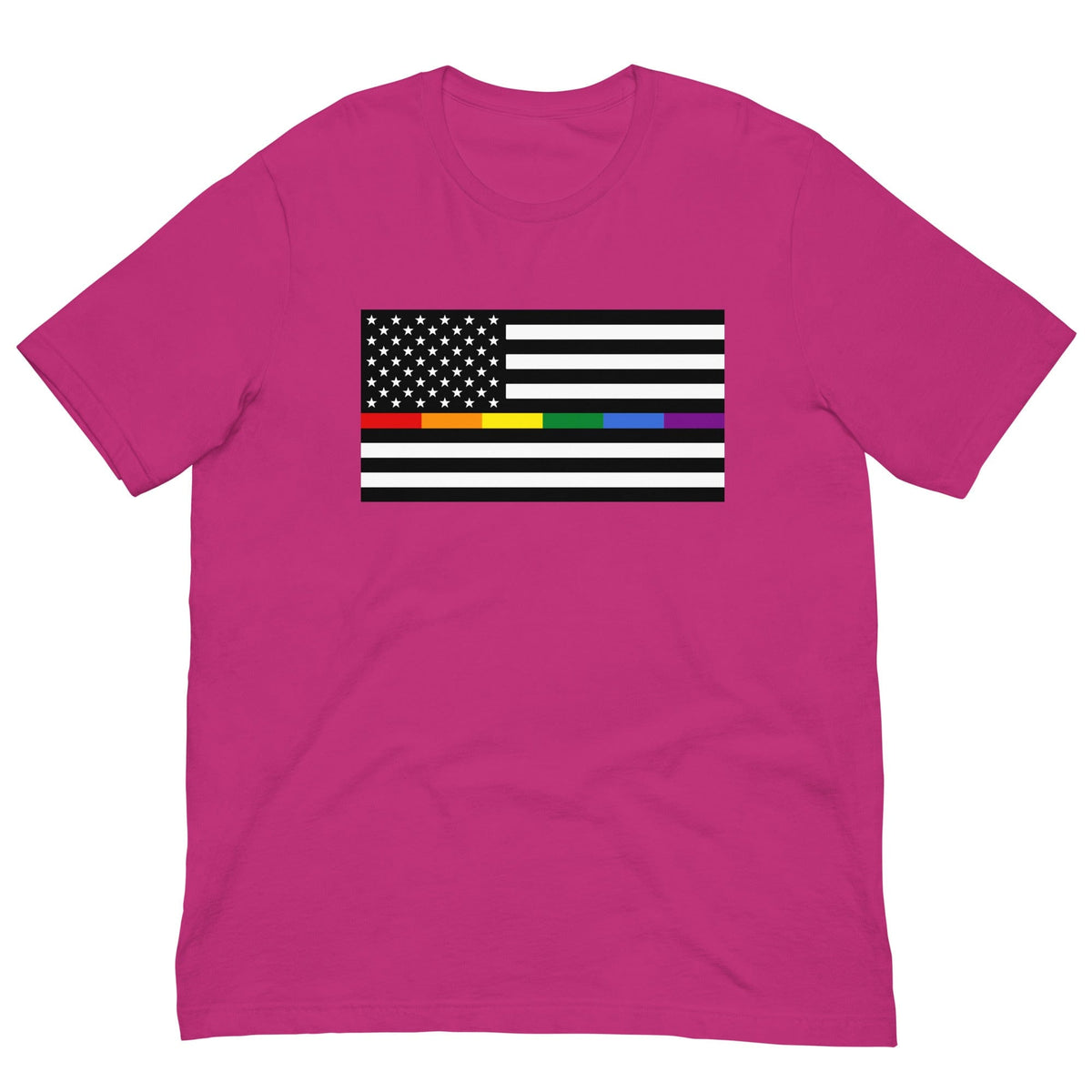 Berry pink T-shirt with front rainbow American flag pride rectangle graphic.