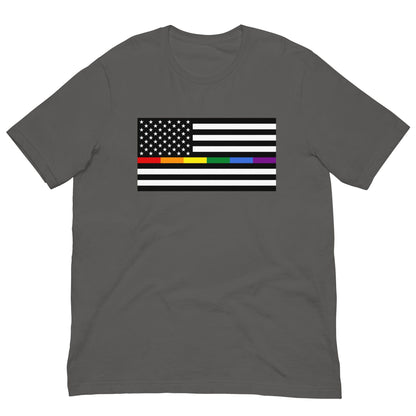 Asphalt gray T-shirt with front rainbow American flag pride rectangle graphic.