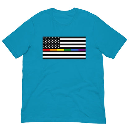 Aqua blue T-shirt with front rainbow American flag pride rectangle graphic.
