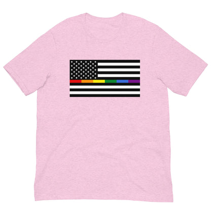 Heather Prism Lilac T-shirt with front rainbow American flag pride rectangle graphic.