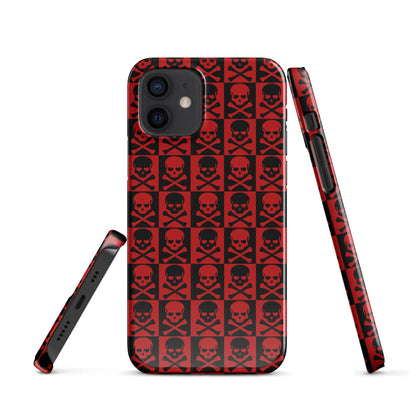 Red phone snap case with black skull pattern, secure corners, and cutouts for camera lenses
