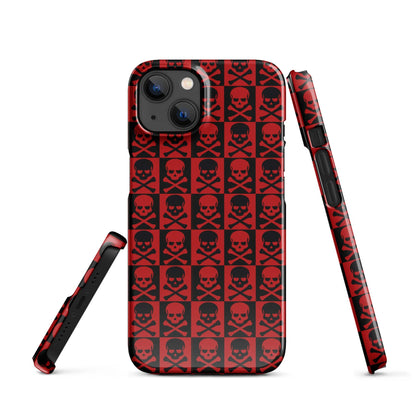 iPhone snap case with red and black skull pattern grid, camera cutouts and protective raised edges
